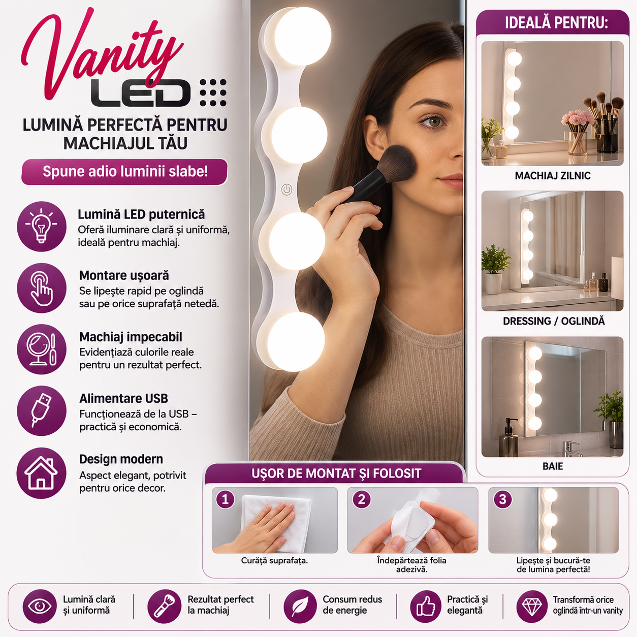 LED Vanity Mirror Lights – Makeup Lighting, Easy Installation & USB Powered