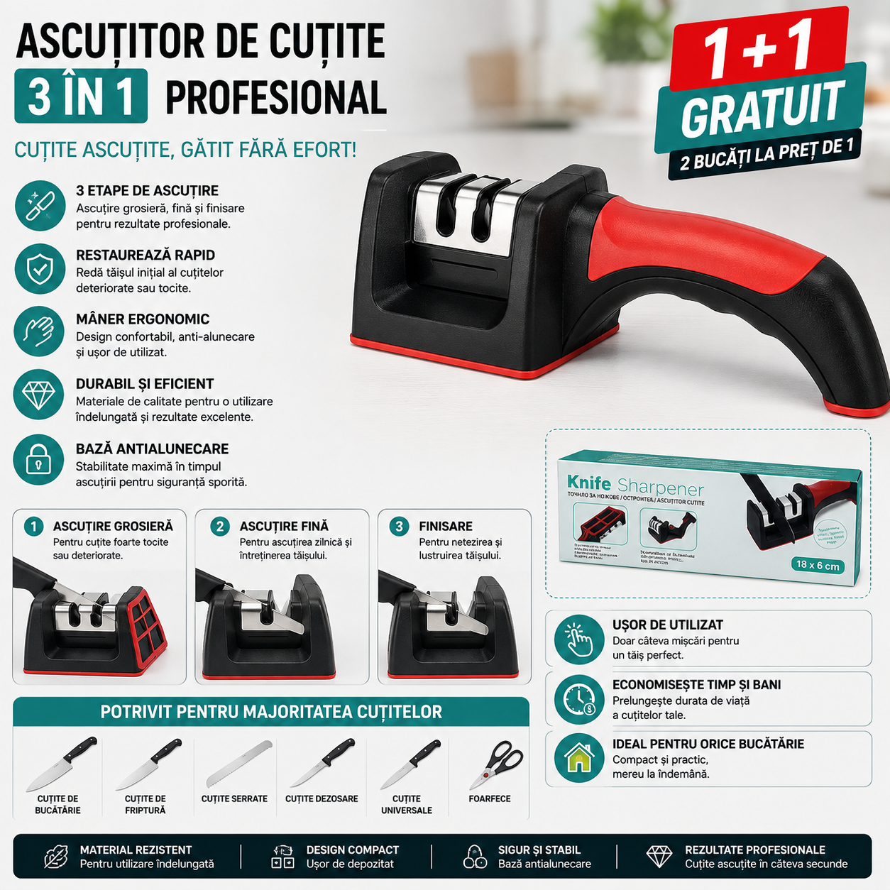 Ascuțitor Profesional de Cuțite 3 în 1 – 3 Etape de Ascuțire, Mâner Ergonomic | 1+1 GRATUIT