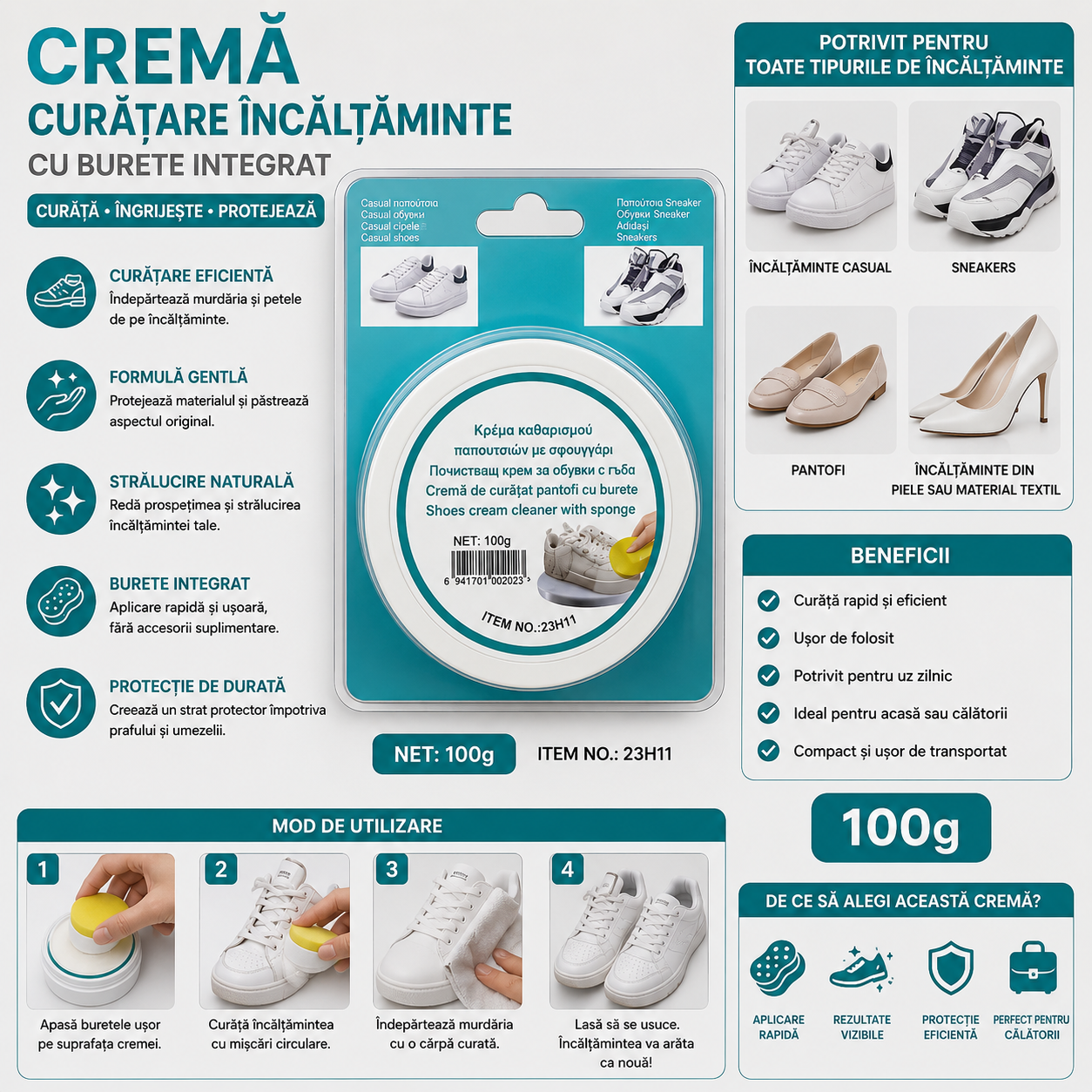 Cream for Cleaning Footwear with Integrated Sponge – 100 g | Quick and Easy Cleaning