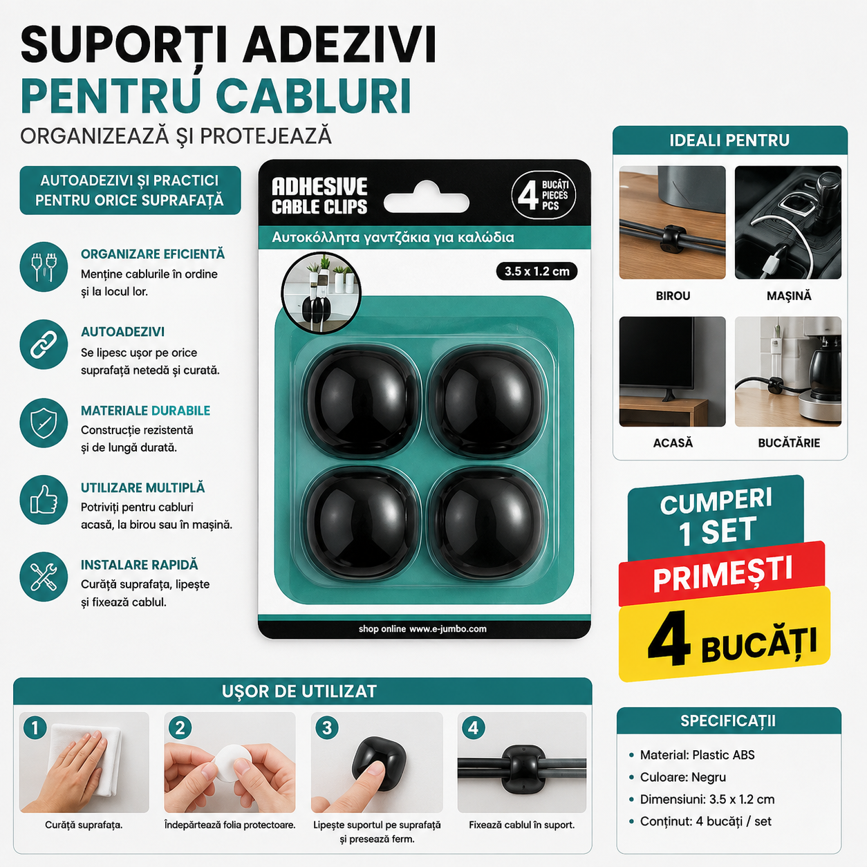 Set de 4 suporturi adezive pentru cabluri – Organizator autoadeziv pentru acasă, birou și mașină