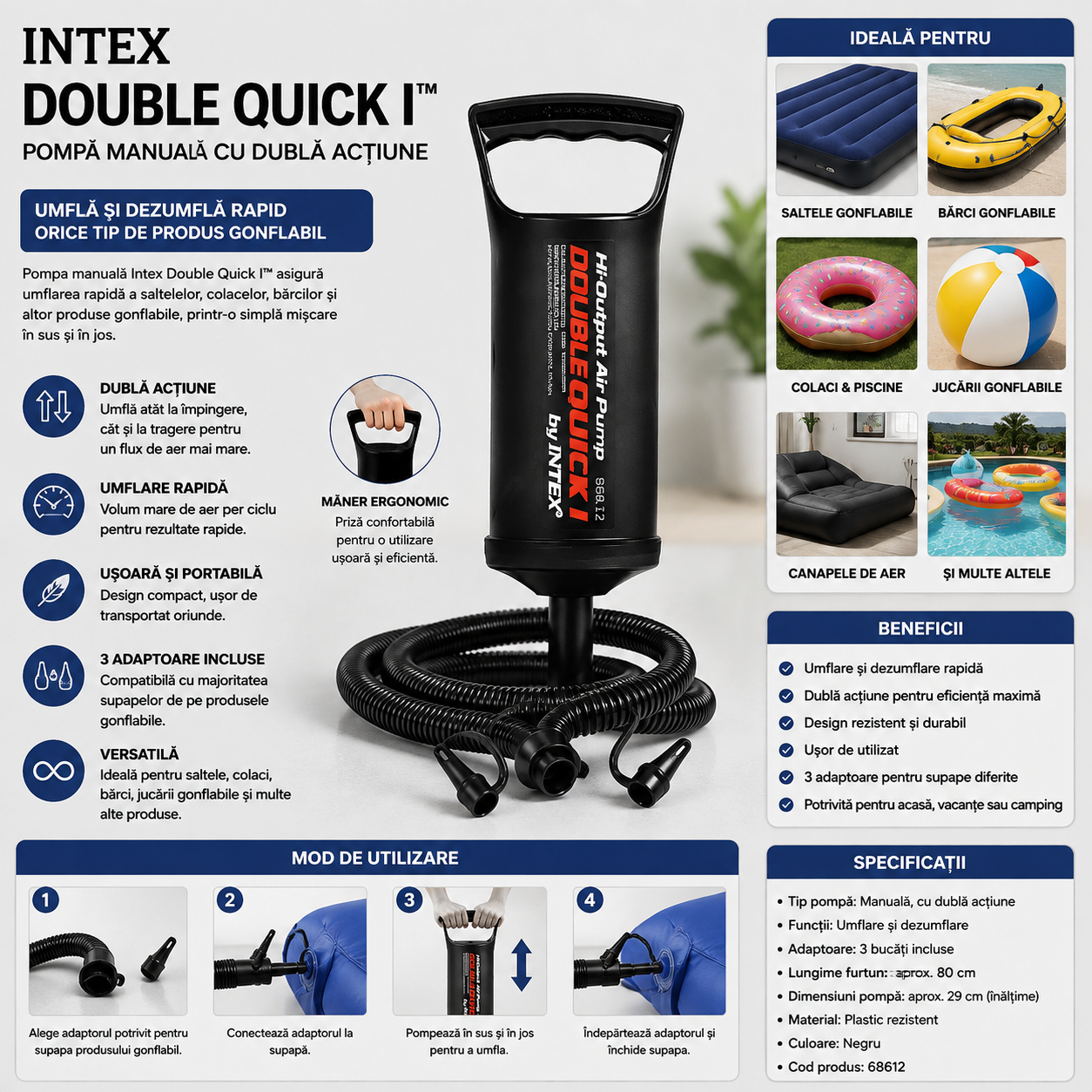 Pompă Manuală Intex Double Quick I – Acțiune Dublă, 3 Adaptoare pentru Produse Gonflabile