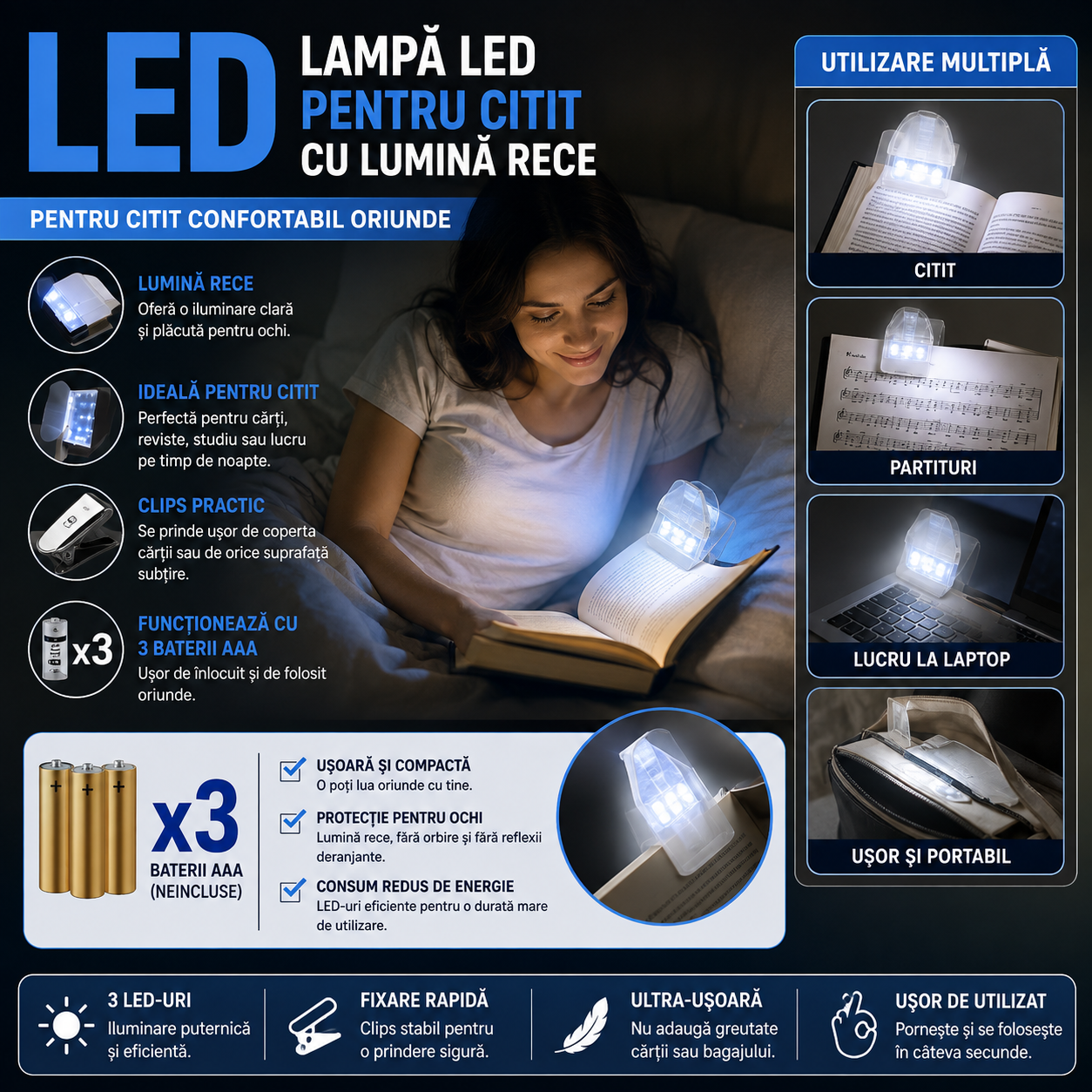 LED Reading Lamp with Clip – 3 LEDs, Portable and Compact