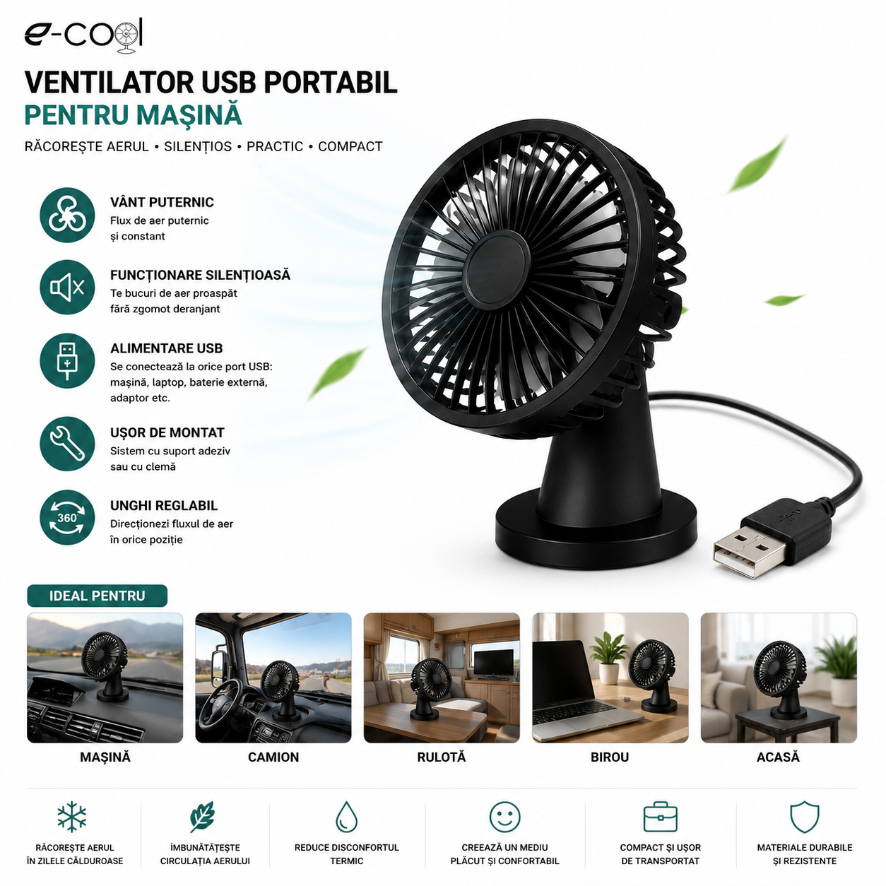 Portable USB Car Fan - Compact, Silent, and with Adjustable Angle