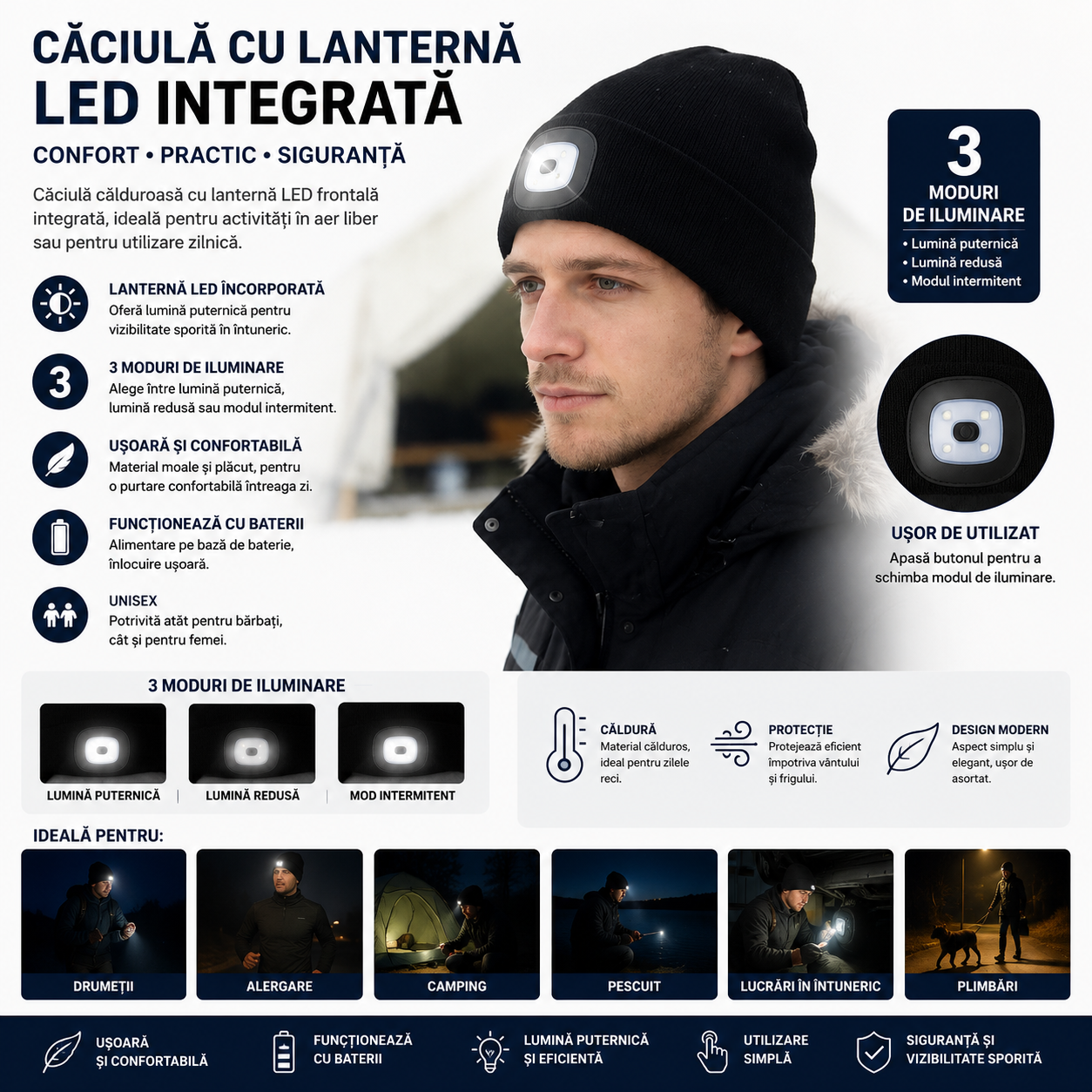 Beanie with Integrated LED Headlamp – 3 Lighting Modes, Warm and Practical