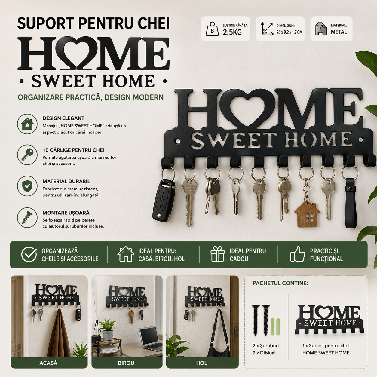 Suport de Perete pentru Chei „Home Sweet Home” – 10 Cârlige, Metalic, Design Decorativ