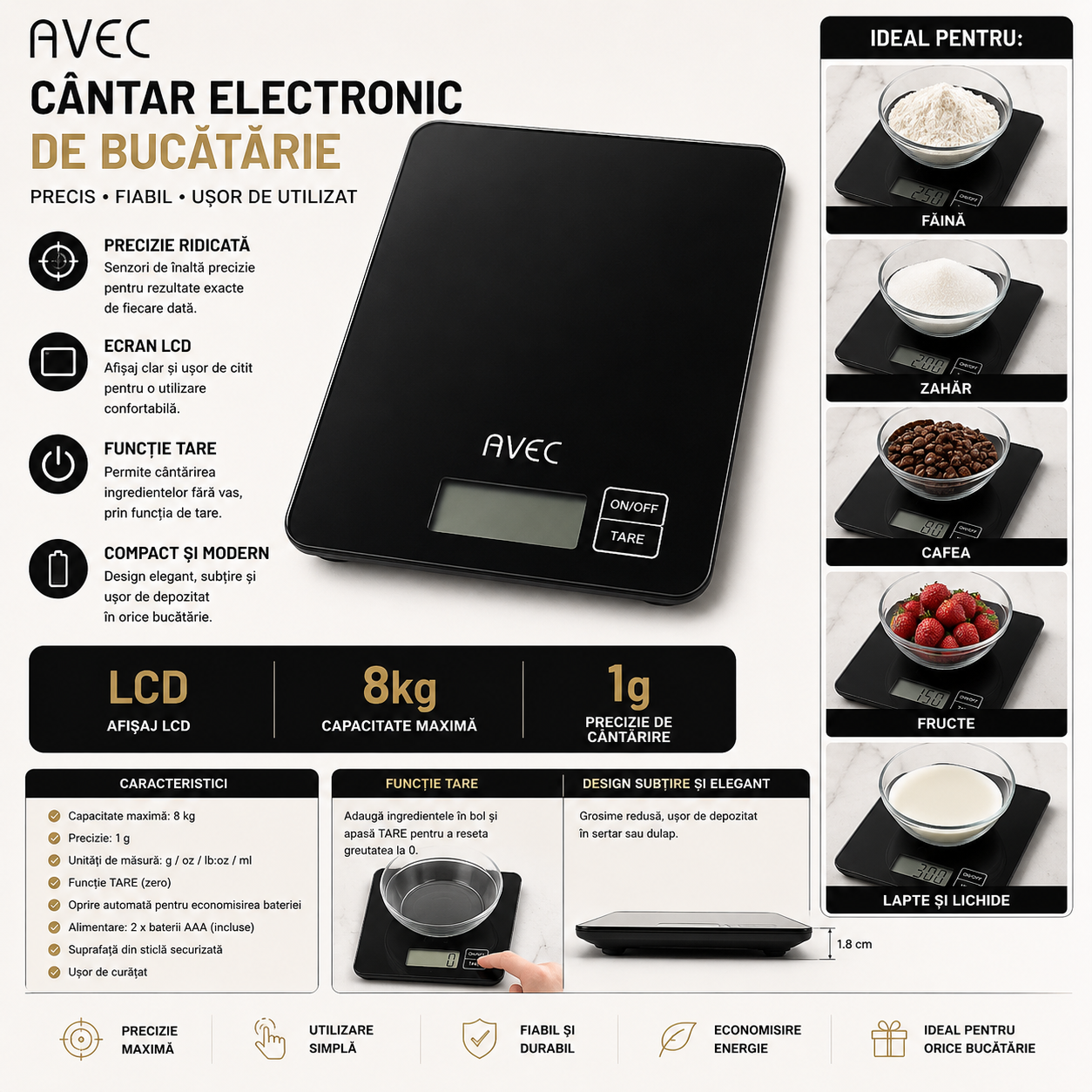 Electronic Kitchen Scale AVEC – 8 kg Capacity, 1 g Accuracy, LCD Display and TARE Function
