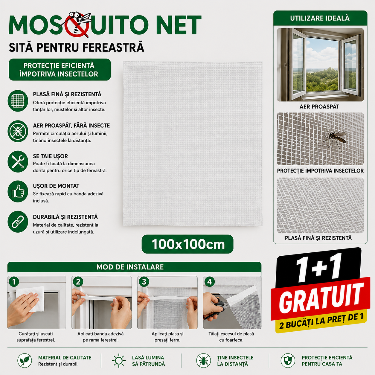 Plasă Anti-Insecte pentru Fereastră 100 × 100 cm – Ușor de Montat și Tăiat | 1+1 GRATUIT