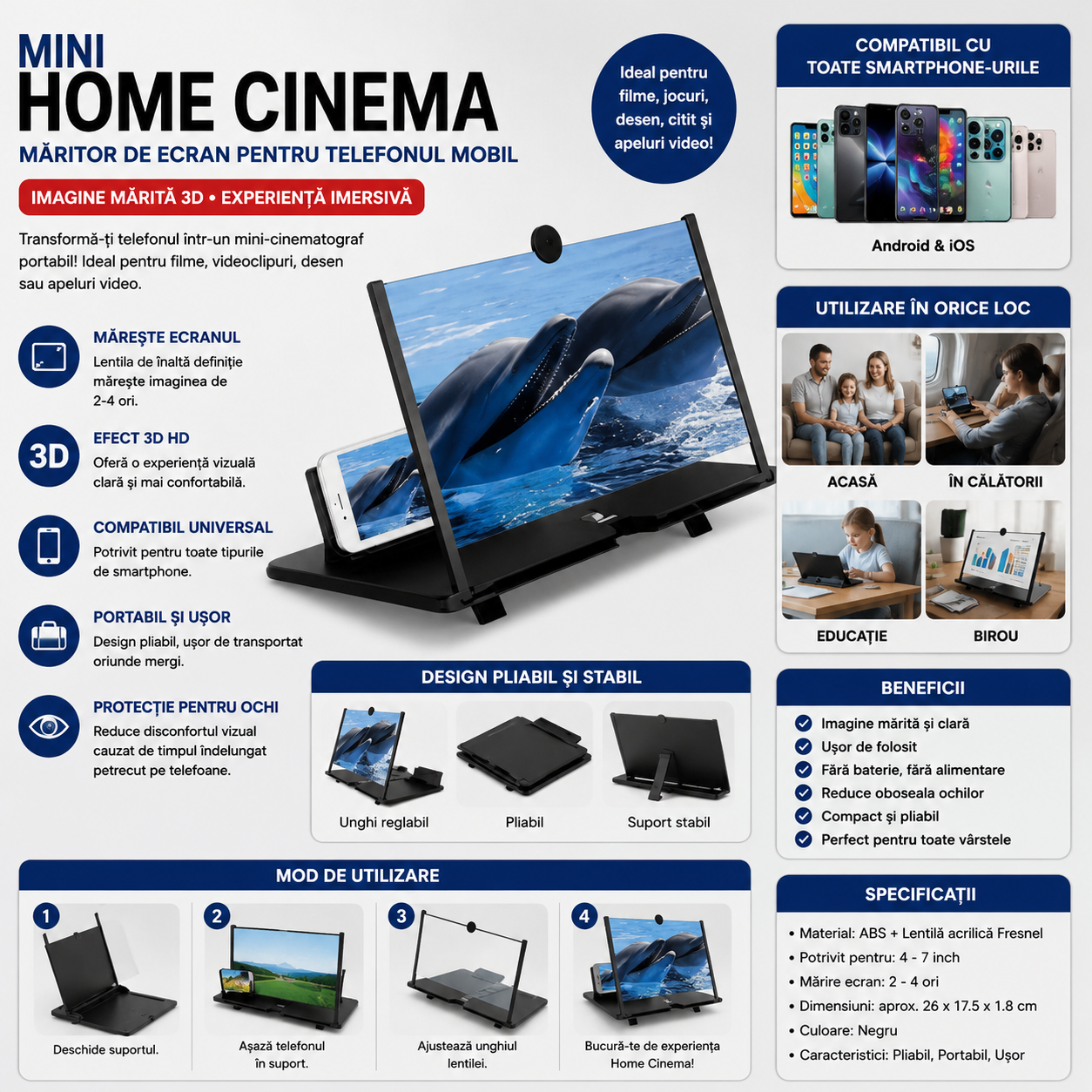 Mini Home Cinema – Măritor de Ecran pentru Telefon, Efect 3D HD, Pliabil și Portabil