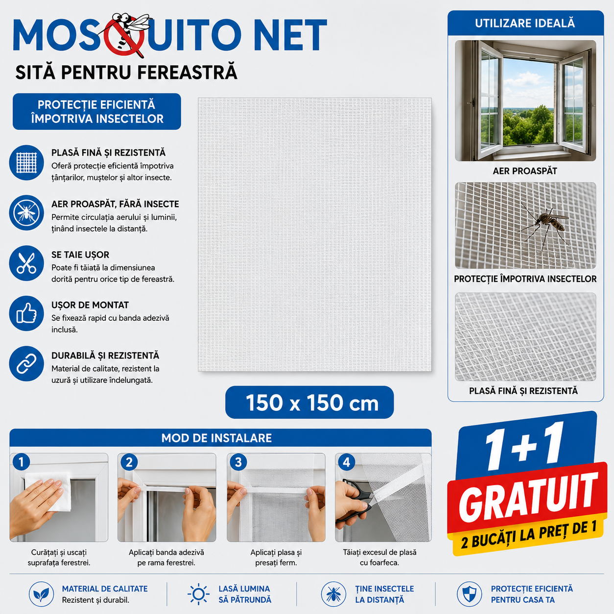 Insect Screen for Window 150 × 150 cm – Mosquito Protection, Easy to Install | 1+1 FREE