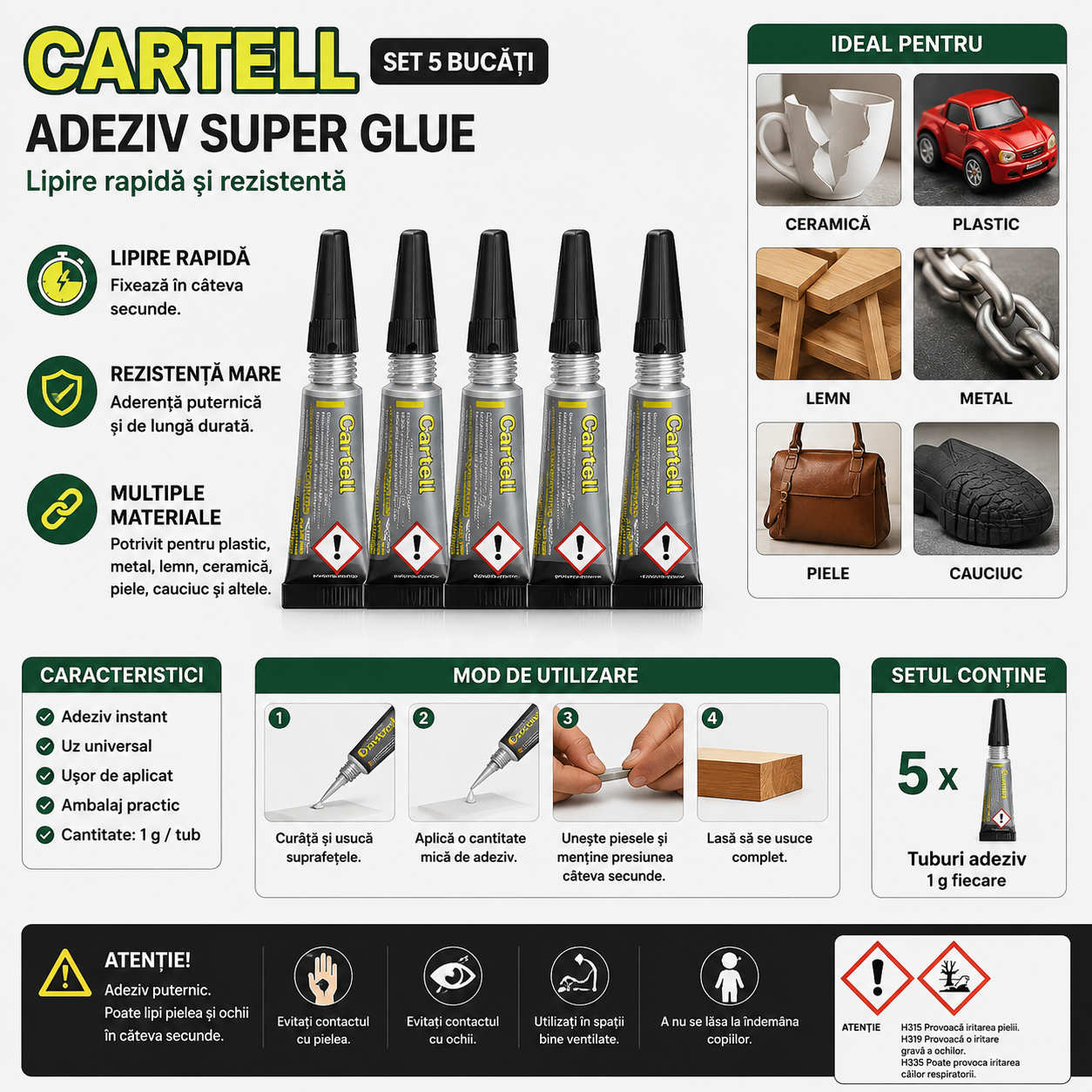 Set 5 Pieces Cartell Super Glue – Quick and Strong Bonding, 1 g/Tube