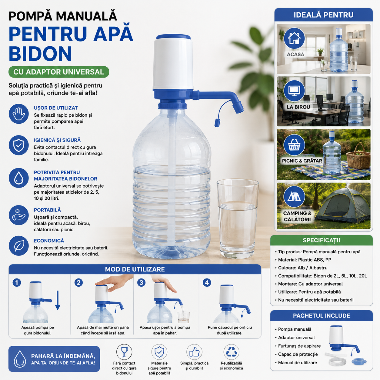 Manual Water Bottle Pump – Universal Adapter, Easy to Use and Portable