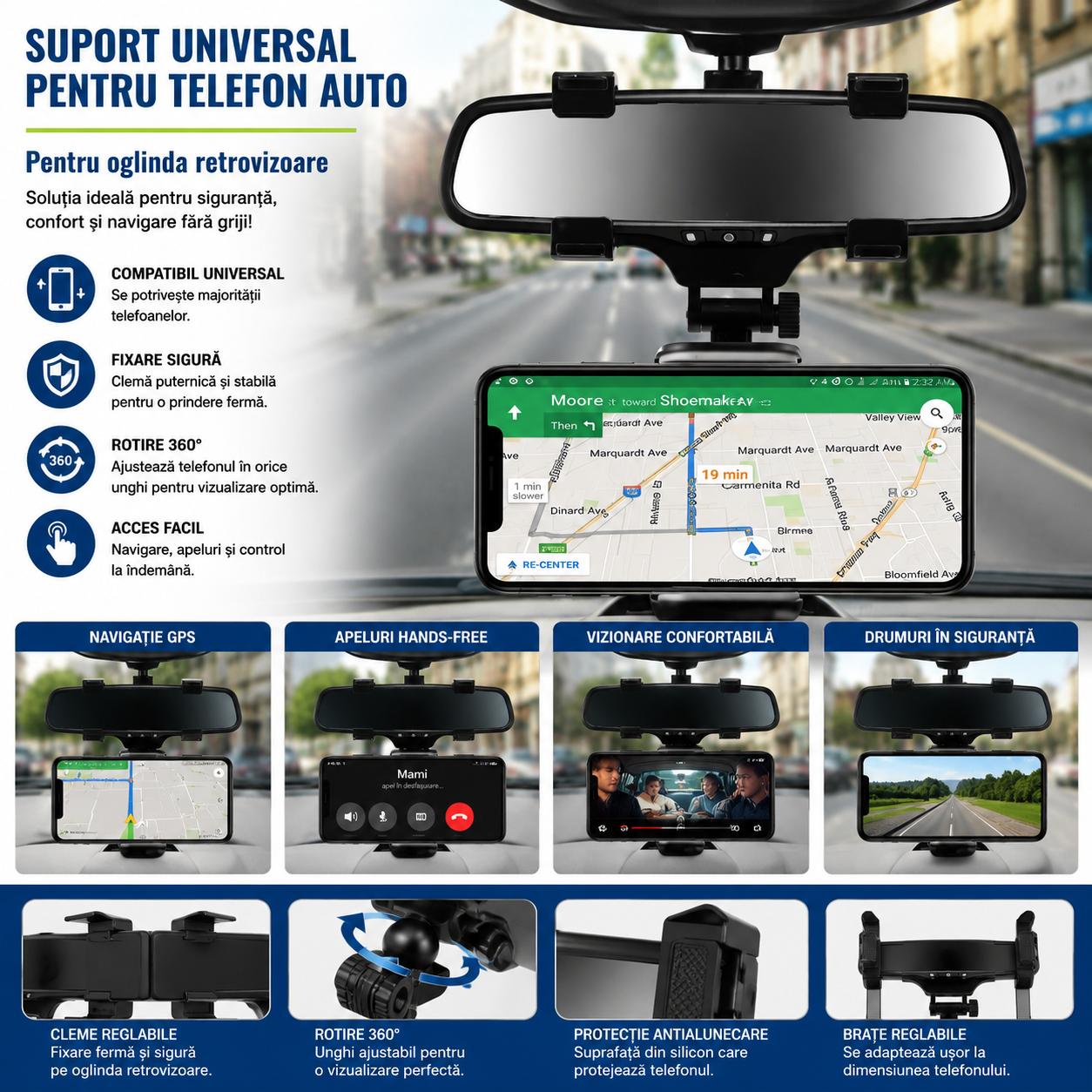Universal Car Phone Holder – Rearview Mirror Mount, 360° Adjustable