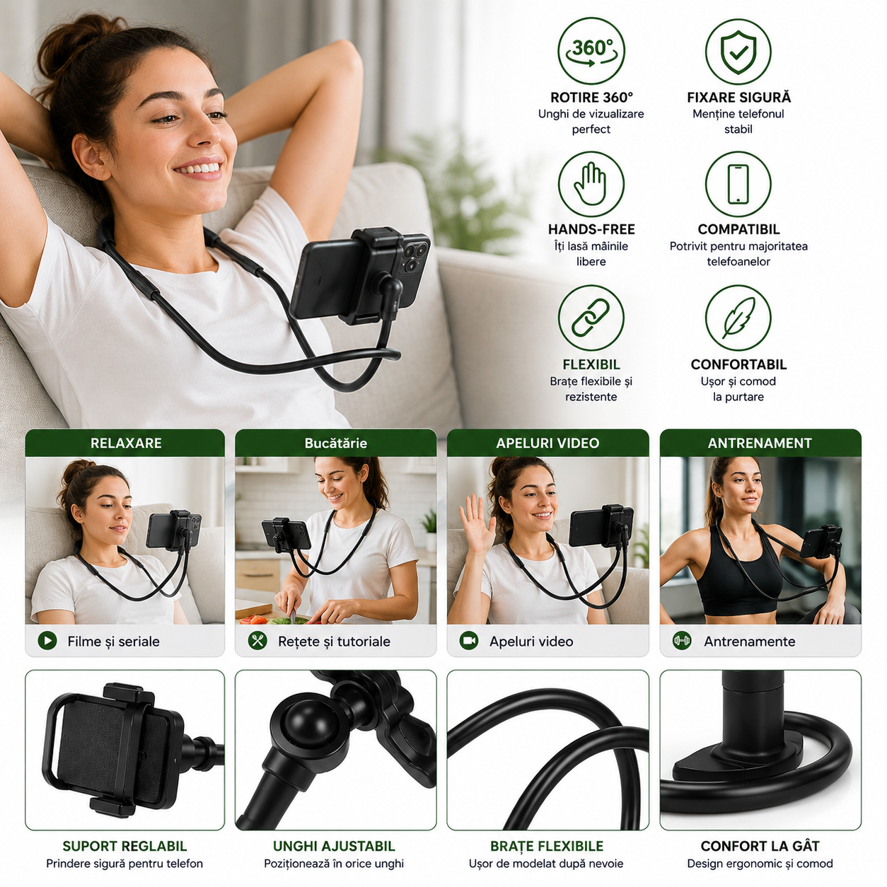Suport Reglabil pentru Telefon 360° Hands-Free – Flexibil, Universal și Confortabil